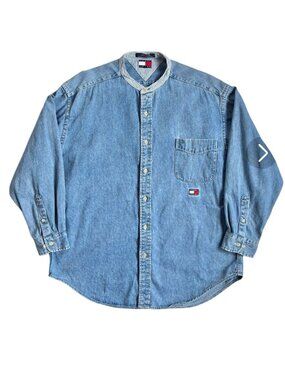 Vtg 90's Tommy Jeans Band Collar Denim Shirt XL Men's Logo Embroidery Button